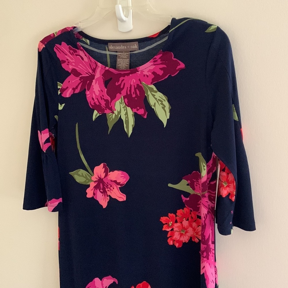 alexandra + oak Navy Flouncy Floral Shift Dress w/ Elbow Flutter Sleeves